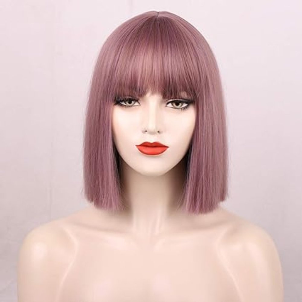 NEW ENTRANCED STYLES Ash Pink Purple Wig Short Bob with Bangs Brand NEW